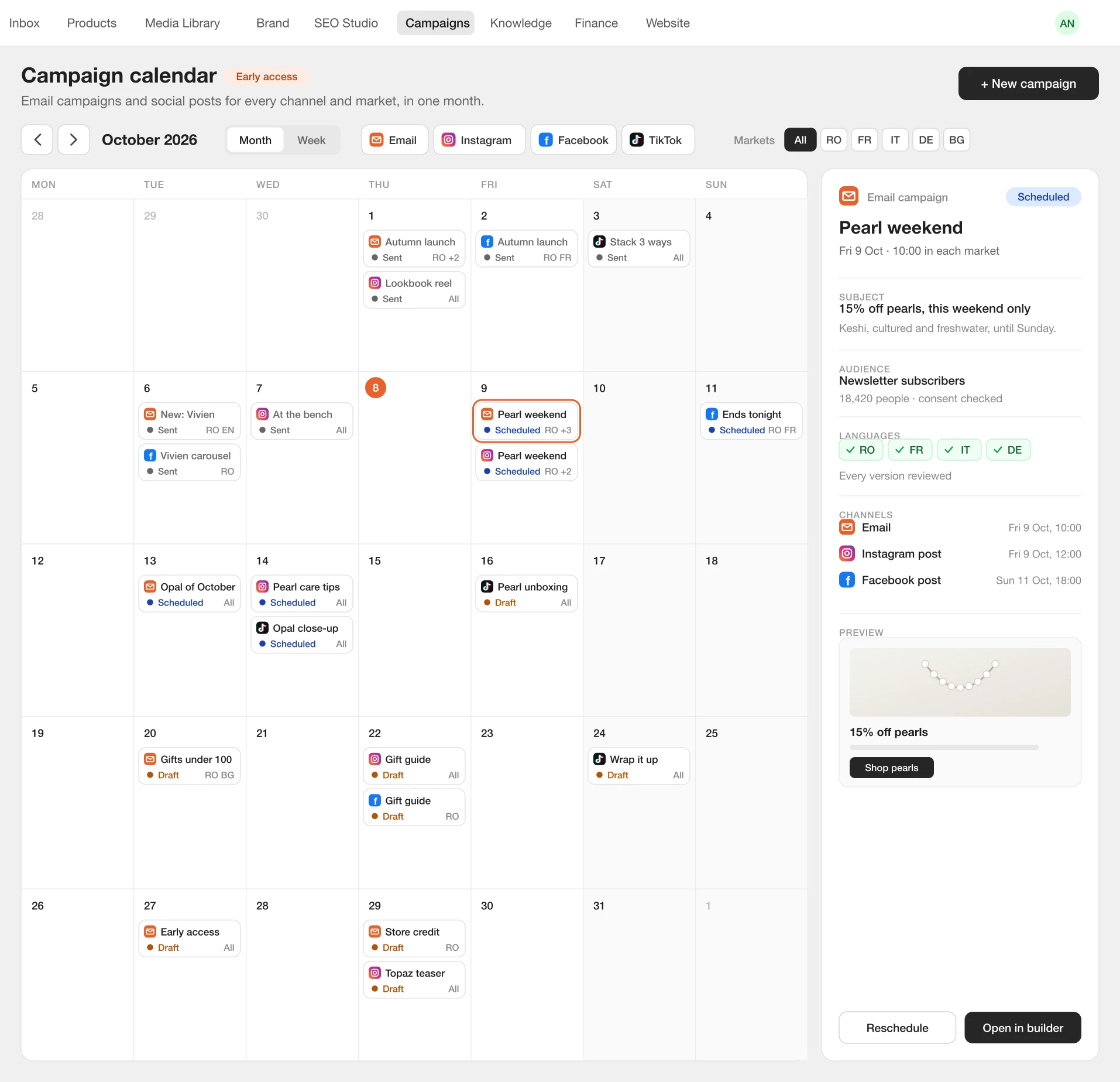 Opvelo campaign calendar: a month of email campaigns and social posts by market, with the selected campaign's details