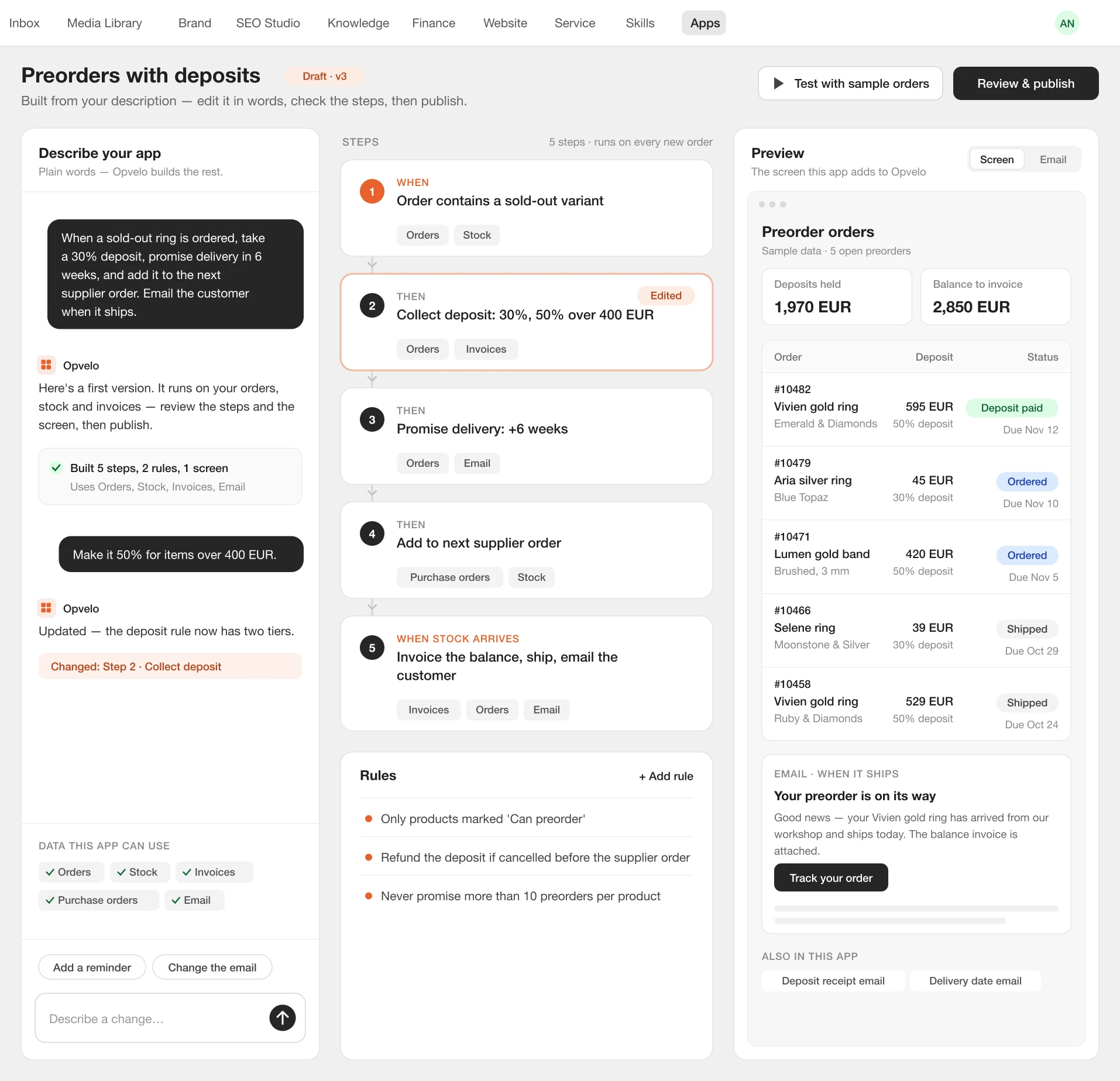 Opvelo app builder: a preorder app drafted from a plain-language description