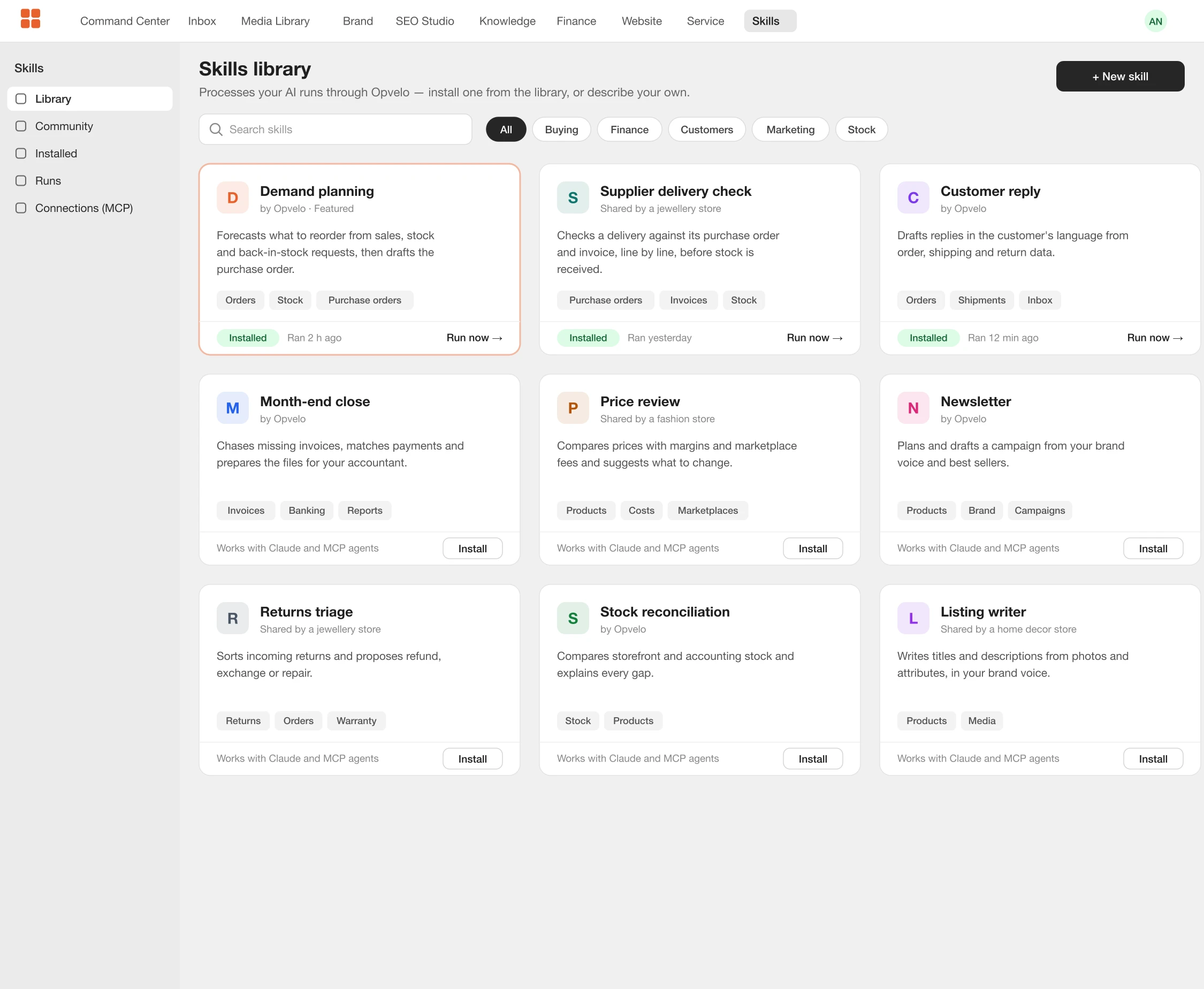 Opvelo skills library: demand planning, supplier delivery check, customer reply and more