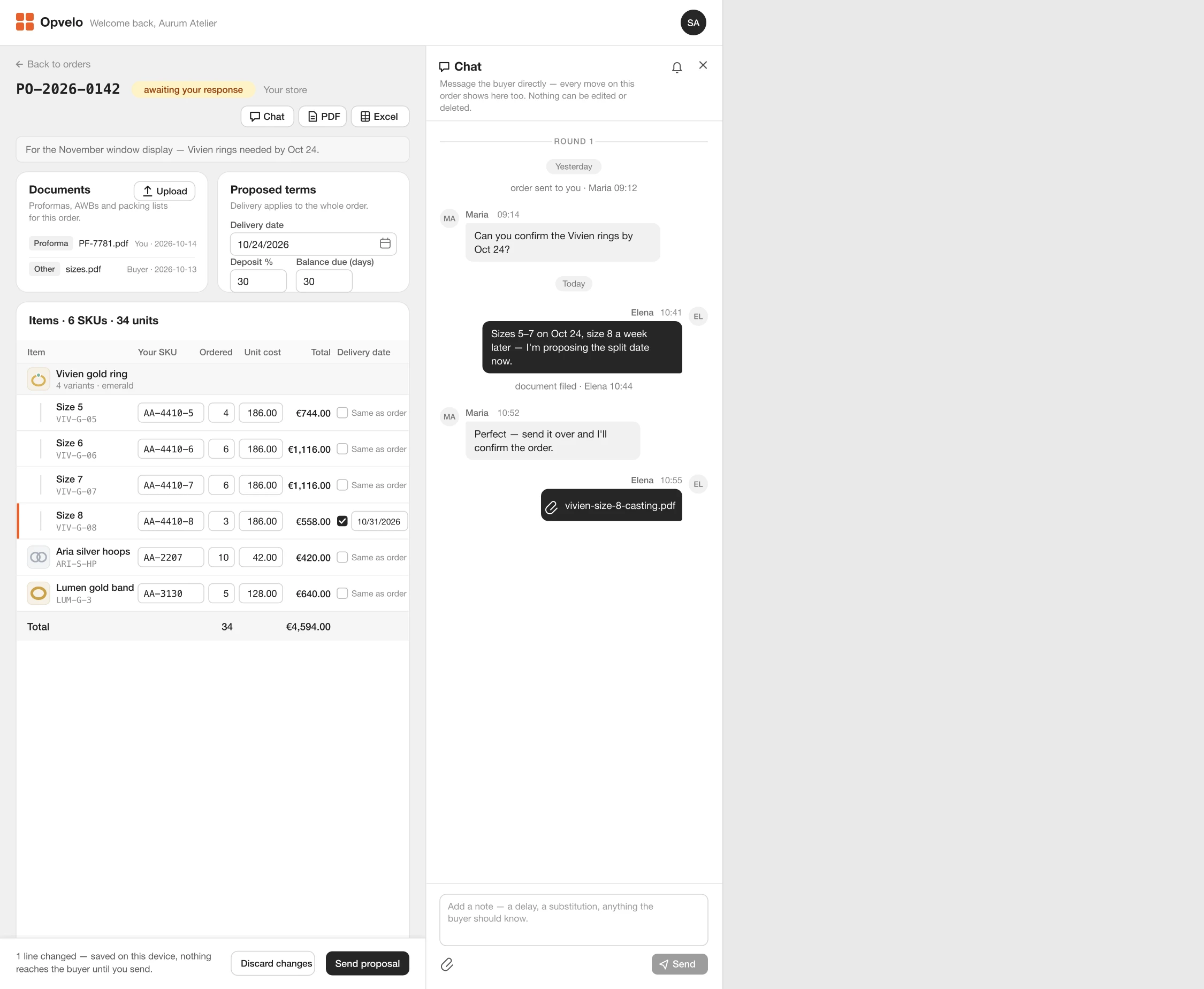 Opvelo supplier portal: a supplier proposing delivery dates on a purchase order and chatting with the store
