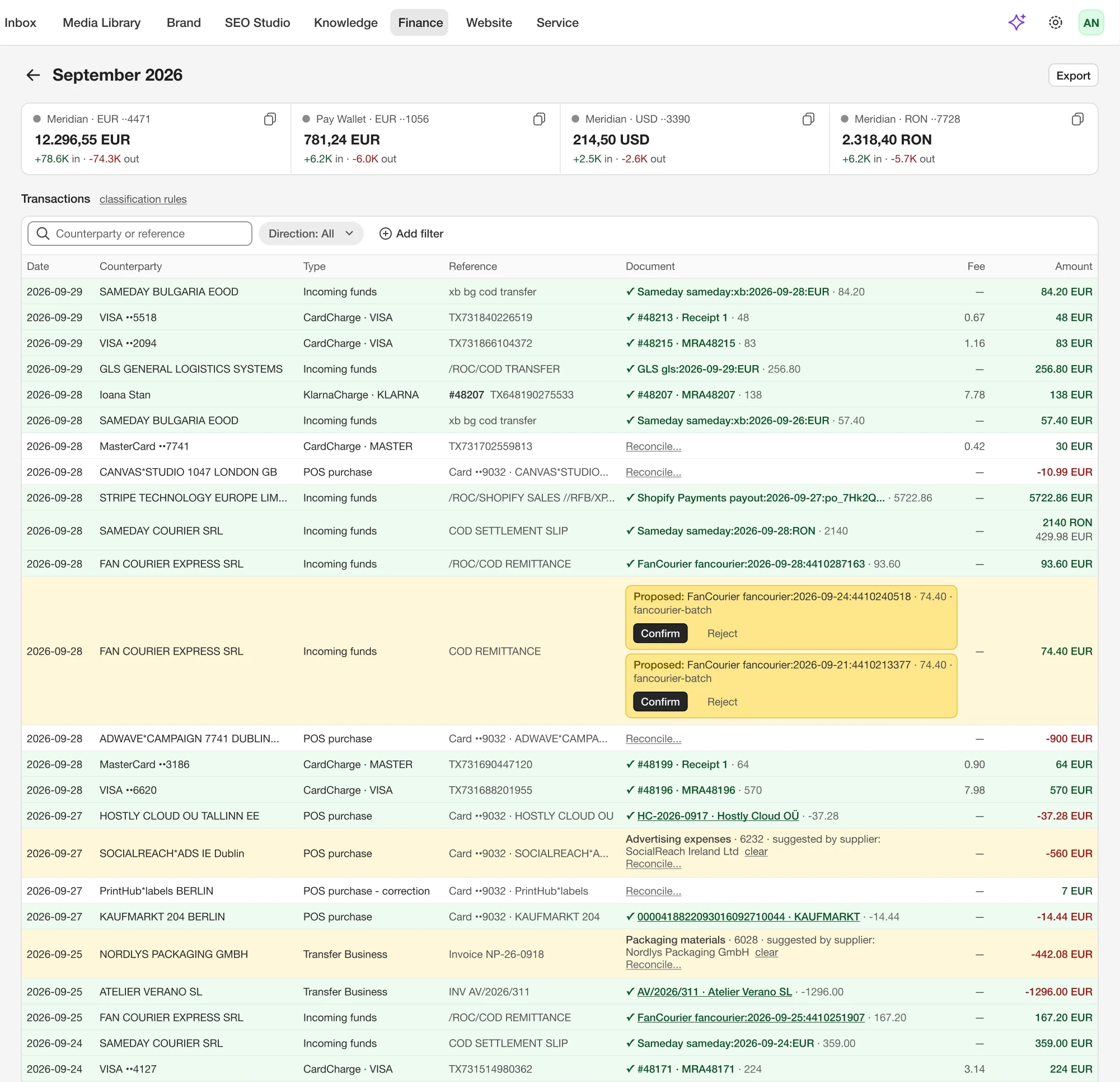Opvelo banking: bank movements matched to invoices, with proposals to review