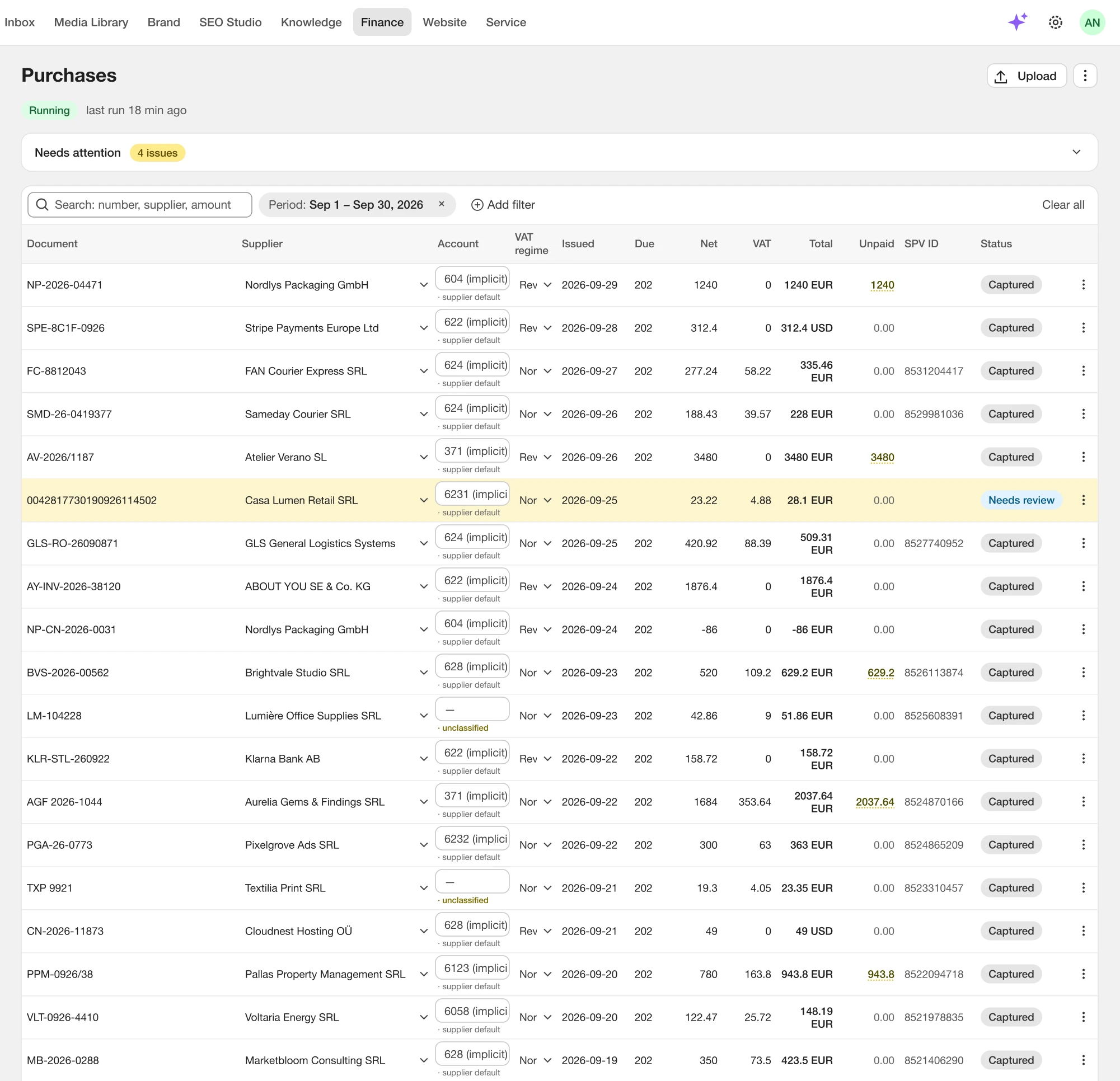 Opvelo purchases: supplier invoices collected from every source, with account, VAT and status