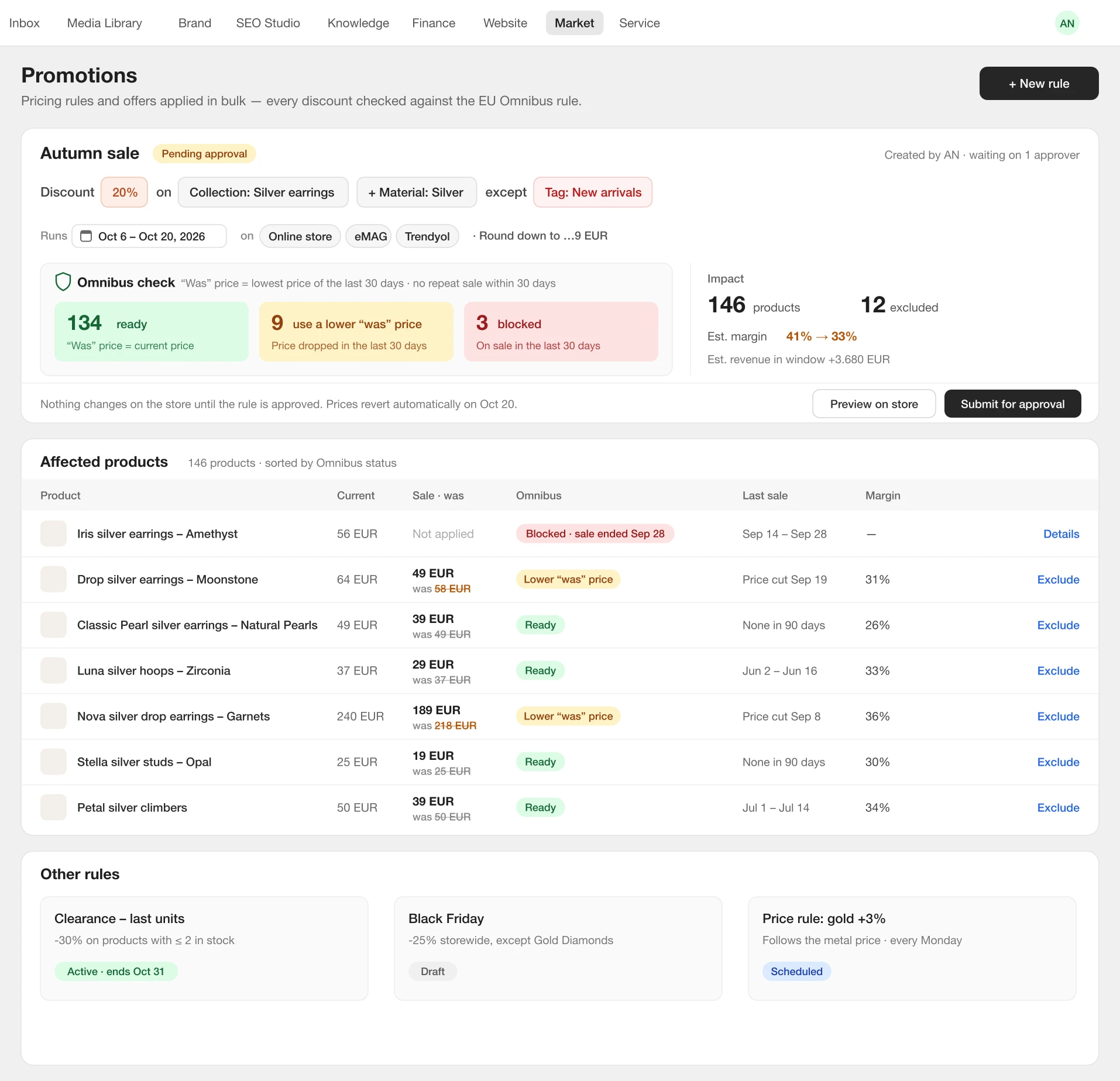 Opvelo promotions screen: a bulk discount rule with an EU Omnibus check for every product
